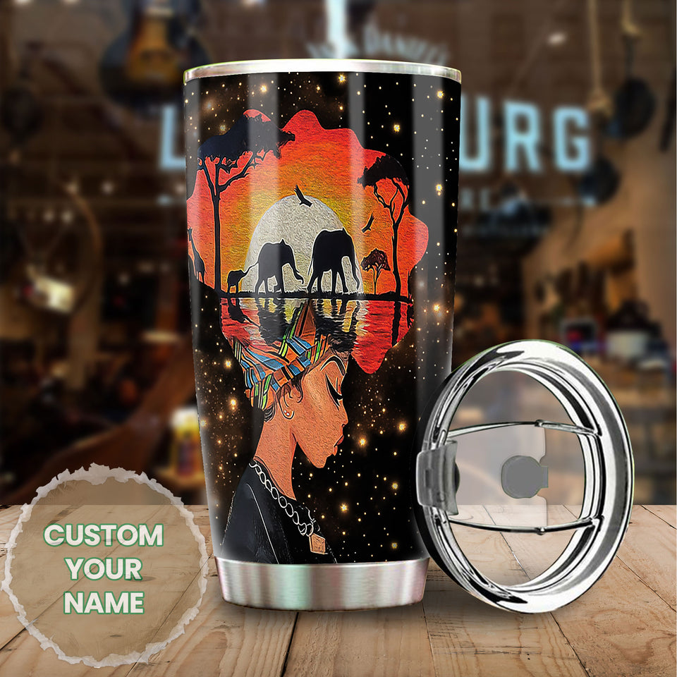 Camellia Personalized Black Women Roots Stainless Steel Tumbler - Double-Walled Insulation Vacumm Flask - Gift For Black Queen, International Women's Day, Hippie Girls