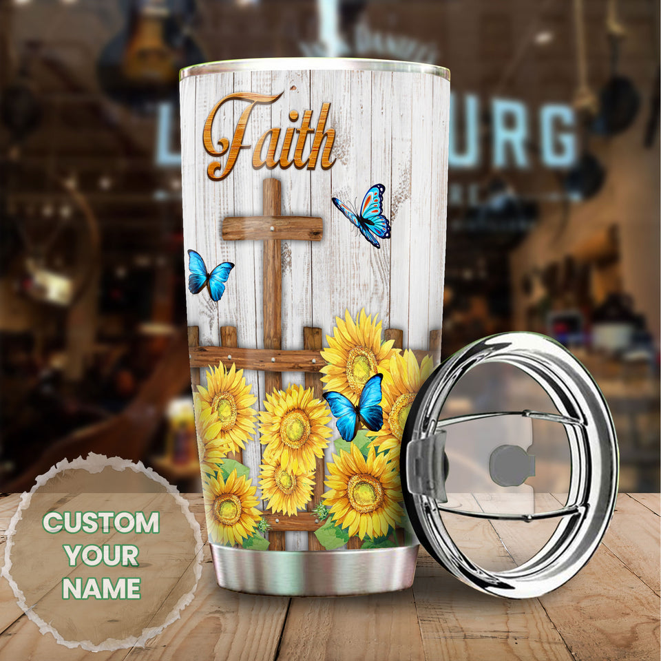 Camellia Personalized Butterfly Faith Sunflower Fence Stainless Steel Tumbler - Double-Walled Insulation Vacumm Flask - For Thanksgiving, Memorial Day, Christians, Christmas Gift