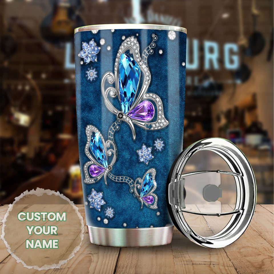 Camellia Personalized Butterfly Jewelry Style  Blue Stainless Steel Tumbler - Double-Walled Insulation Vacumm Flask - For Thanksgiving, Memorial Day, Christians, Christmas Gift