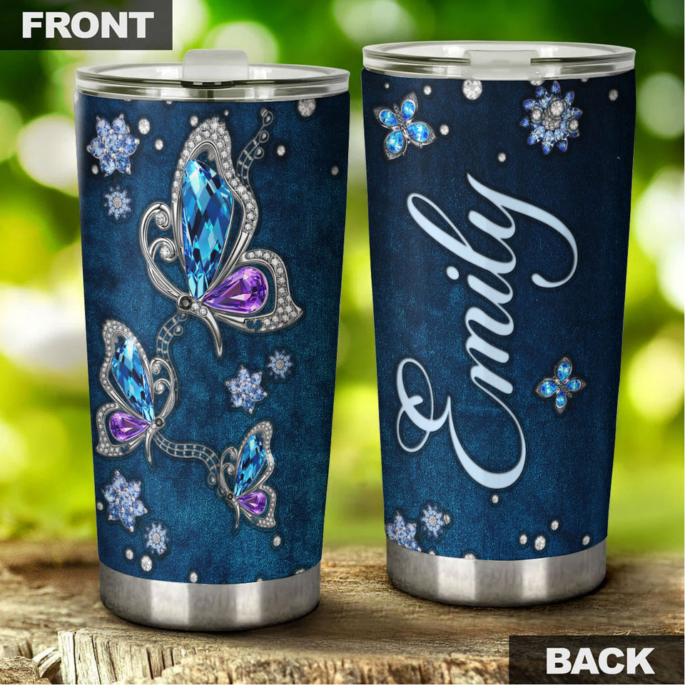 Camellia Personalized Butterfly Jewelry Style  Blue Stainless Steel Tumbler - Double-Walled Insulation Vacumm Flask - For Thanksgiving, Memorial Day, Christians, Christmas Gift