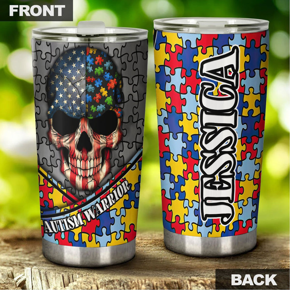 Camellia Personalized Skull Autism warrior Stainless Steel Tumbler-Double-Walled Insulation Travel Cup With Lid
