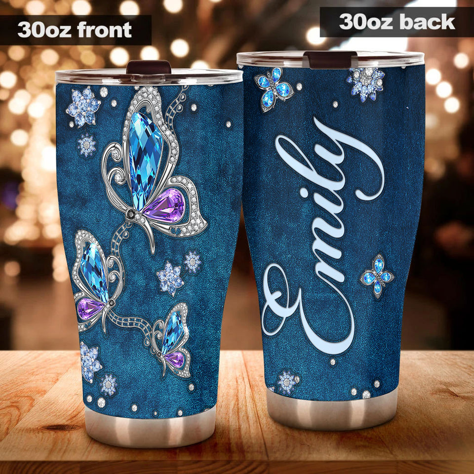Camellia Personalized Butterfly Jewelry Style  Blue Stainless Steel Tumbler - Double-Walled Insulation Vacumm Flask - For Thanksgiving, Memorial Day, Christians, Christmas Gift