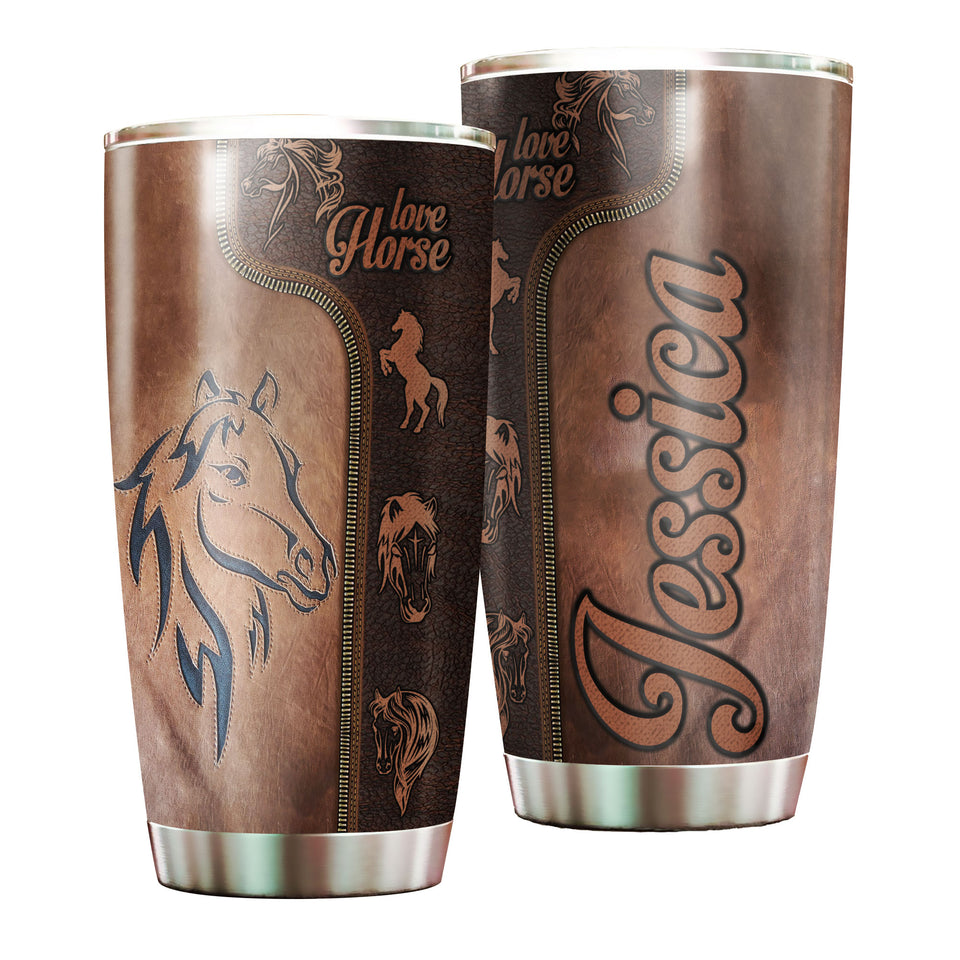 Camellia Personalized Horse Lover Leather Style Stainless Steel Tumbler - Double-Walled Insulation Vacumm Flask - Gift For Horse Lovers, Cowgirls, Cowboys, Perfect Christmas, Thanksgiving Gift