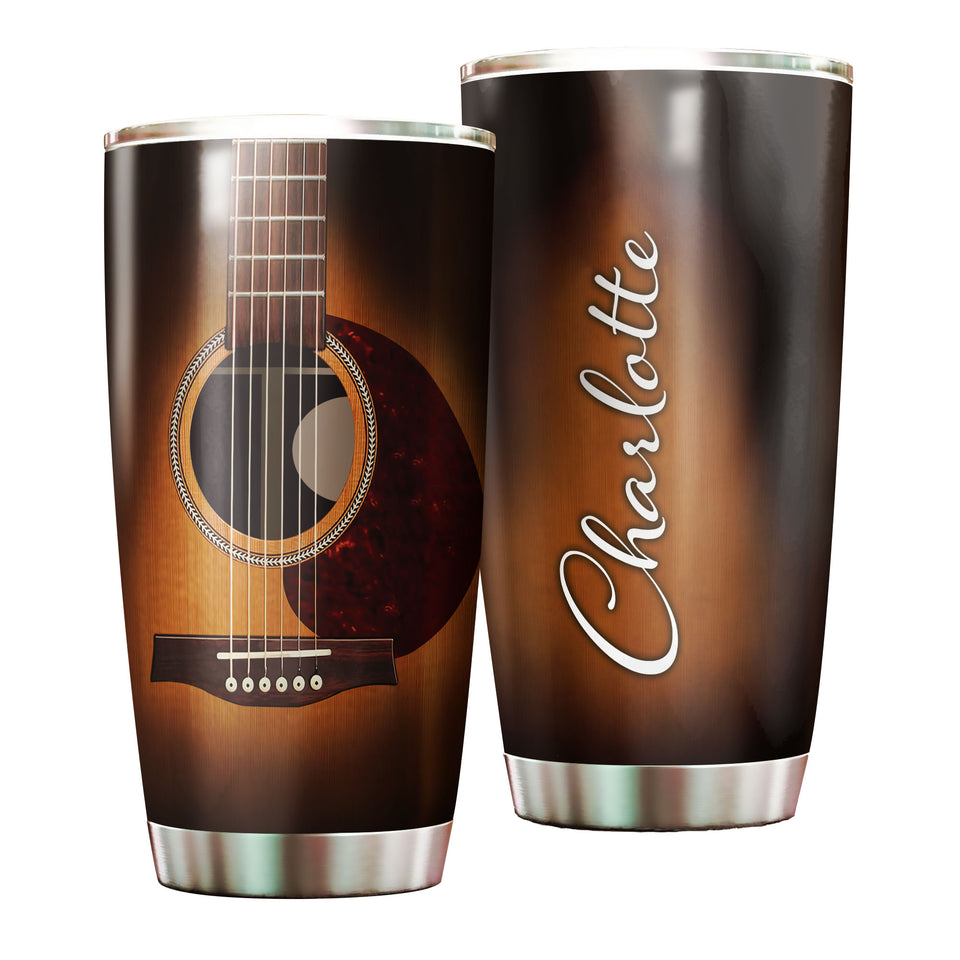 Camellia Personalized 3D Arcoustic Guitar Stainless Steel Tumbler - Customized Double-Walled Insulation Thermal Cup With Lid Gift For Musician Guitarist
