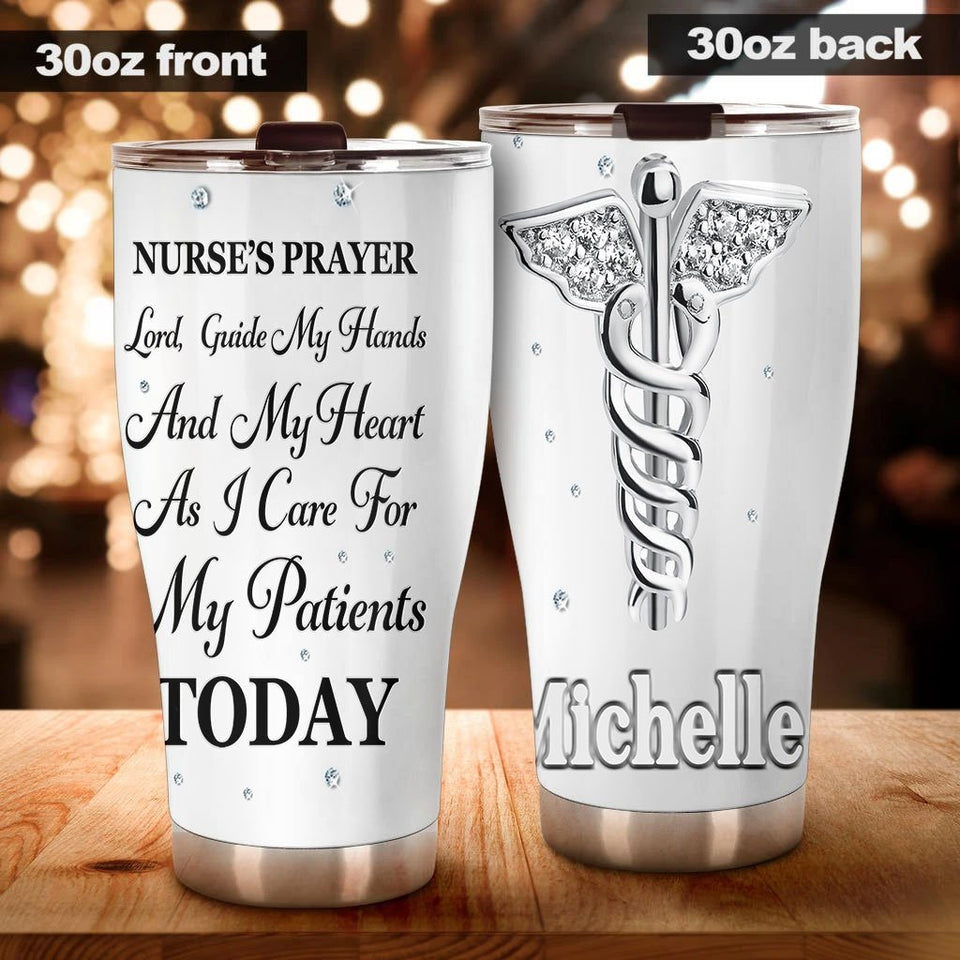 Camellia Personalized Nurse Prayers Lord Guide My Hand And My Heart As I Care For My Patients Today  Stainless Steel Tumbler - Customized Double-Walled Insulation Travel Thermal Cup With Lid Gift For Nurse