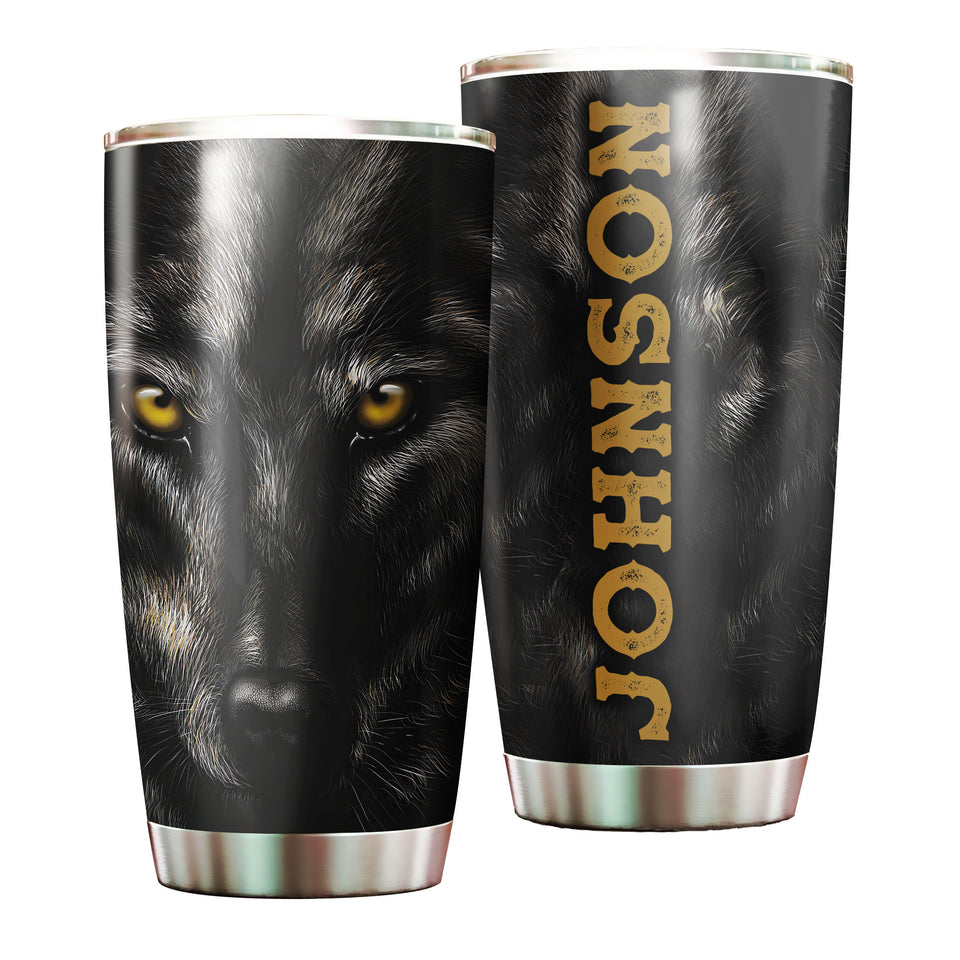 Camellia Persionalized 3D Black Wolf Face Stainless Steel Tumbler - Customized Double - Walled Insulation Travel Thermal Cup With Lid Gift For Wolf Lover