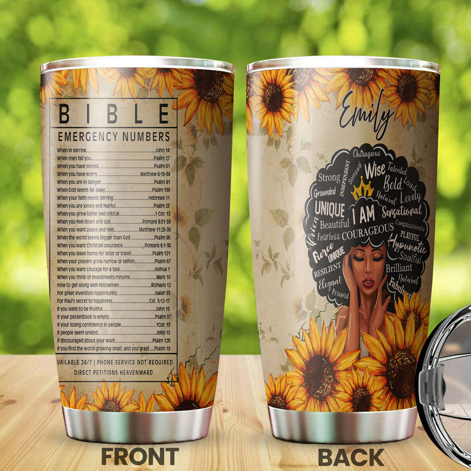 Camellia Personalized Black Queen Bible Emergency Numbers - Double-Walled Insulation Vacumm Flask - Gift For Black Queen, International Women's Day, Hippie Girls