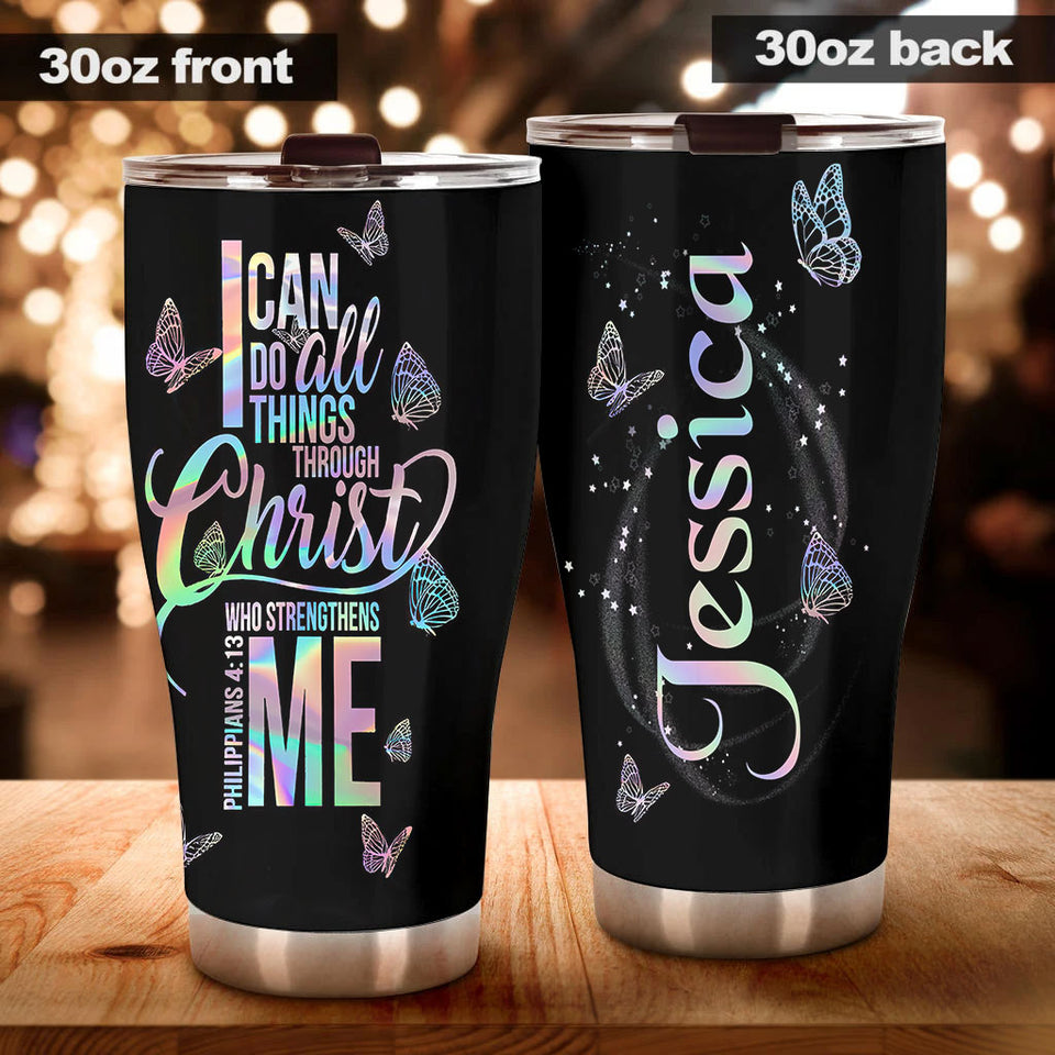 Camellia Personalized Butterfly I Can Do All Things Through Christ Stainless Steel Tumbler - Double-Walled Insulation Vacumm Flask - For Thanksgiving, Memorial Day, Christians, Christmas Gift