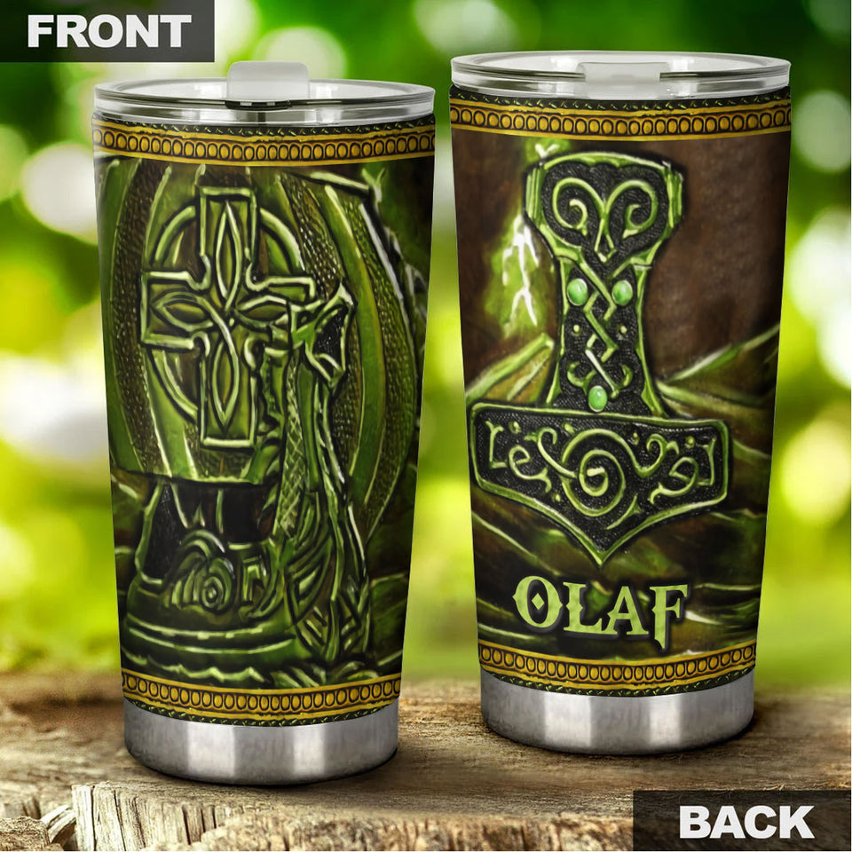 Camellia Personalized Green Viking Leather Style Stainless Steel Tumbler - Customized Double-Walled Insulation Travel Thermal Cup With Lid