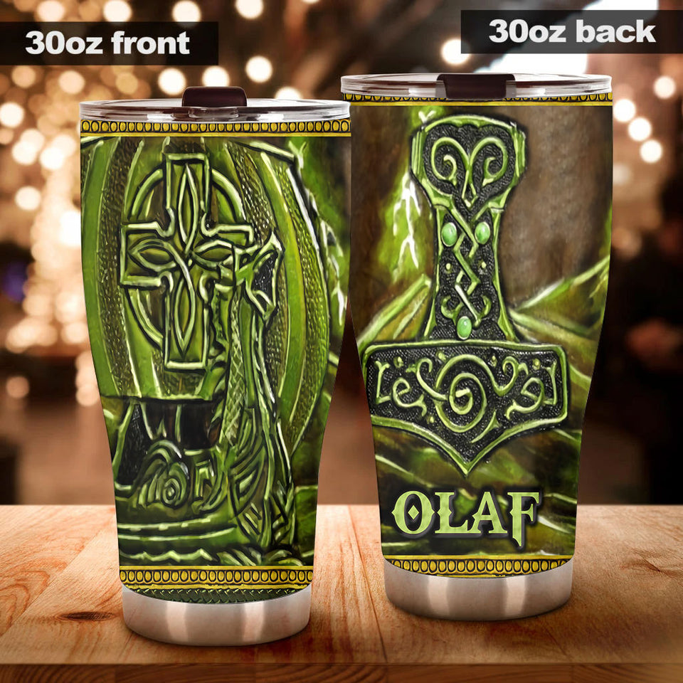 Camellia Personalized Green Viking Leather Style Stainless Steel Tumbler - Customized Double-Walled Insulation Travel Thermal Cup With Lid