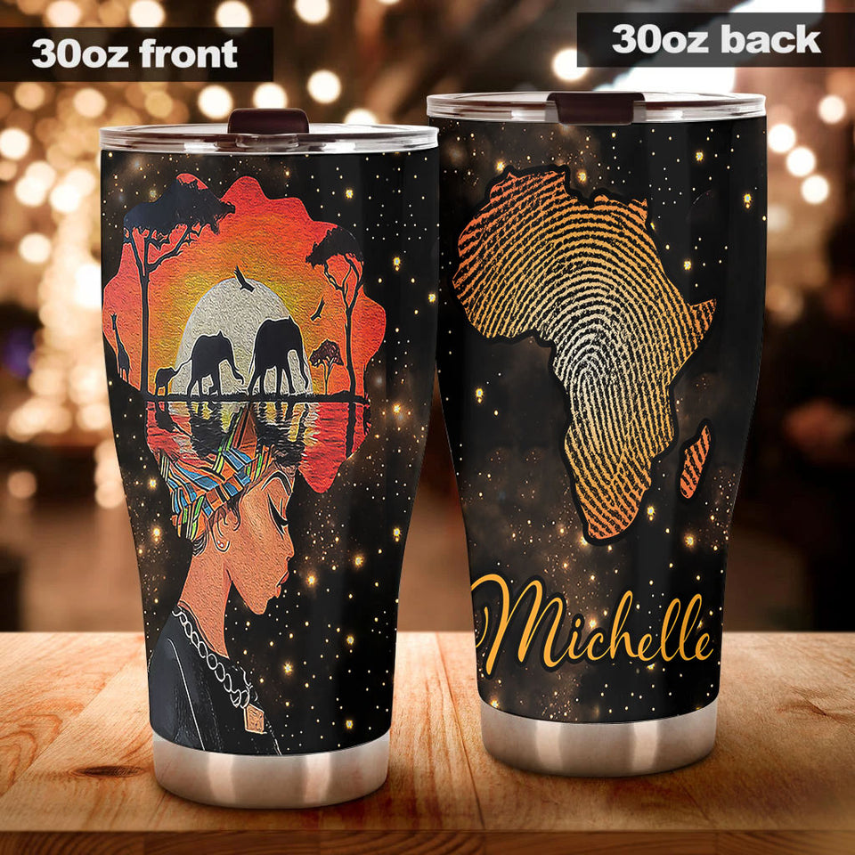 Camellia Personalized Black Women Roots Stainless Steel Tumbler - Double-Walled Insulation Vacumm Flask - Gift For Black Queen, International Women's Day, Hippie Girls