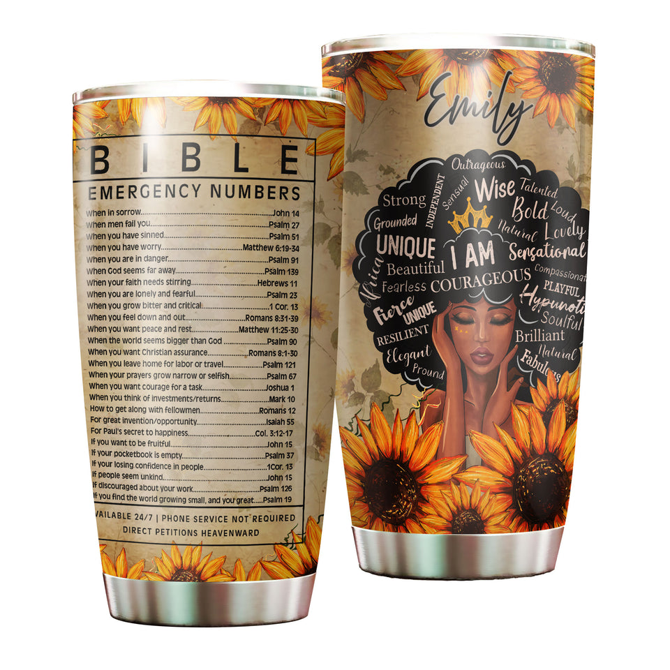 Camellia Personalized Black Queen Bible Emergency Numbers - Double-Walled Insulation Vacumm Flask - Gift For Black Queen, International Women's Day, Hippie Girls