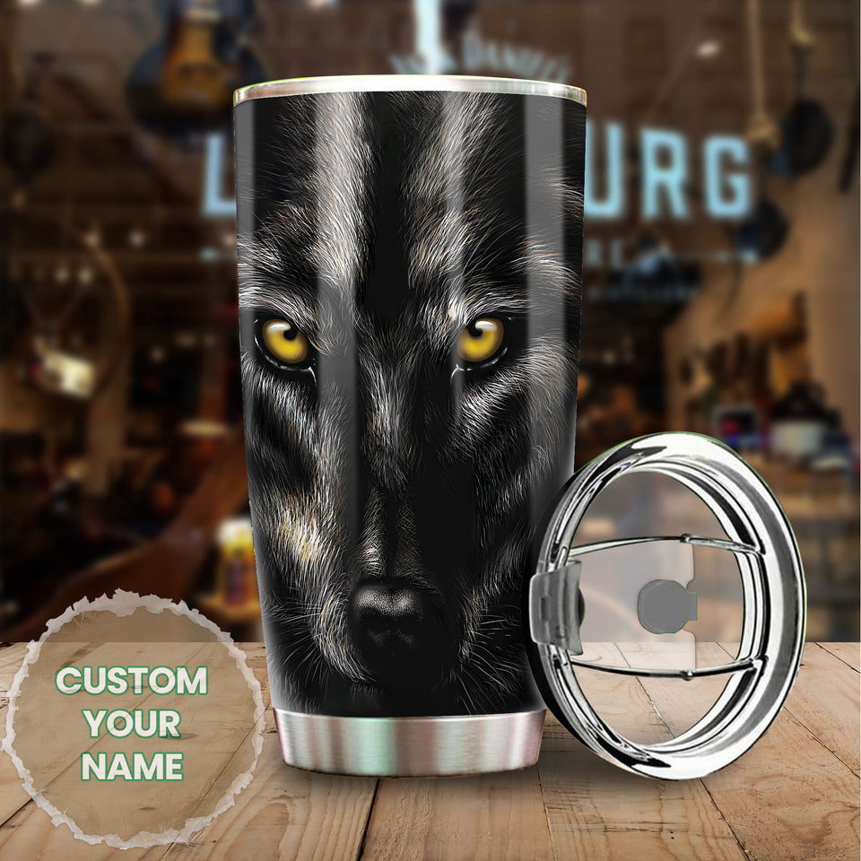 Camellia Persionalized 3D Black Wolf Face Stainless Steel Tumbler - Customized Double - Walled Insulation Travel Thermal Cup With Lid Gift For Wolf Lover
