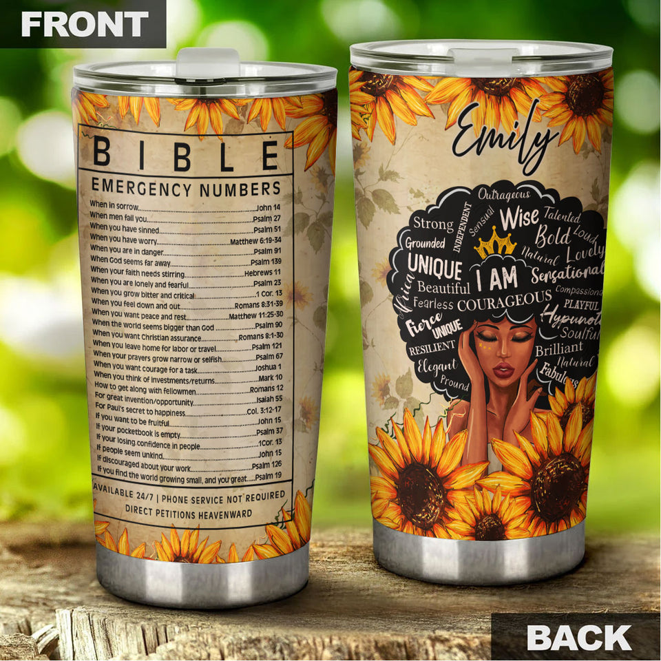 Camellia Personalized Black Queen Bible Emergency Numbers - Double-Walled Insulation Vacumm Flask - Gift For Black Queen, International Women's Day, Hippie Girls