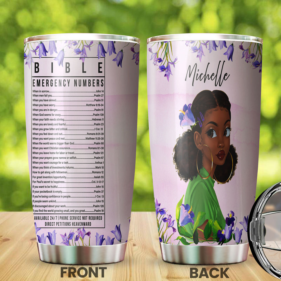 Camellia Personalized Black Women Bible Stainless Steel Tumbler - Double-Walled Insulation Vacumm Flask - Gift For Black Queen, International Women's Day, Hippie Girls 04
