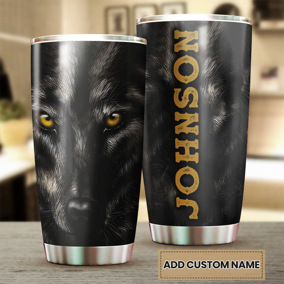 Camellia Persionalized 3D Black Wolf Face Stainless Steel Tumbler - Customized Double - Walled Insulation Travel Thermal Cup With Lid Gift For Wolf Lover