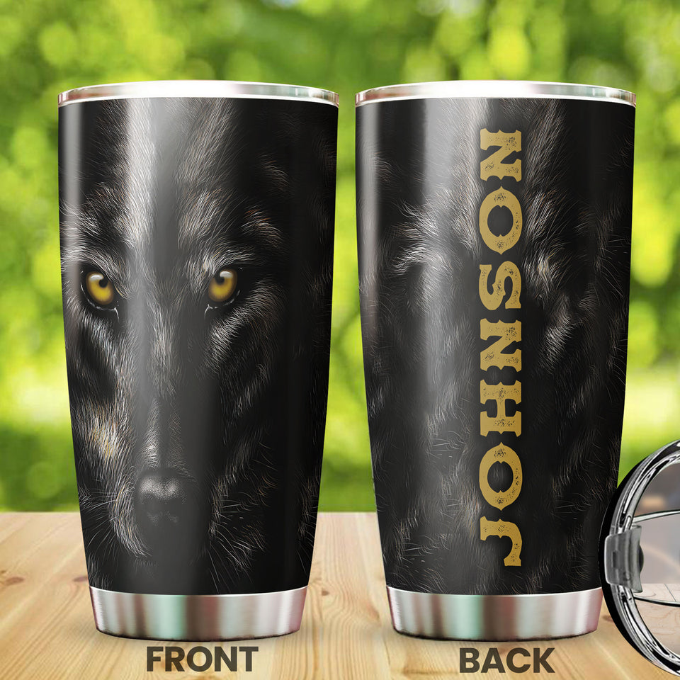 Camellia Persionalized 3D Black Wolf Face Stainless Steel Tumbler - Customized Double - Walled Insulation Travel Thermal Cup With Lid Gift For Wolf Lover