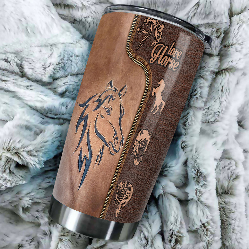 Camellia Personalized Horse Lover Leather Style Stainless Steel Tumbler - Double-Walled Insulation Vacumm Flask - Gift For Horse Lovers, Cowgirls, Cowboys, Perfect Christmas, Thanksgiving Gift