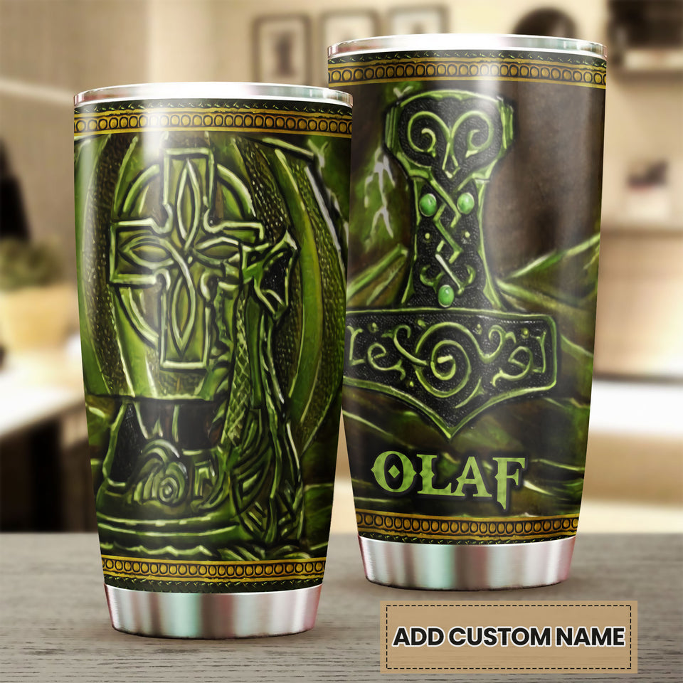 Camellia Personalized Green Viking Leather Style Stainless Steel Tumbler - Customized Double-Walled Insulation Travel Thermal Cup With Lid