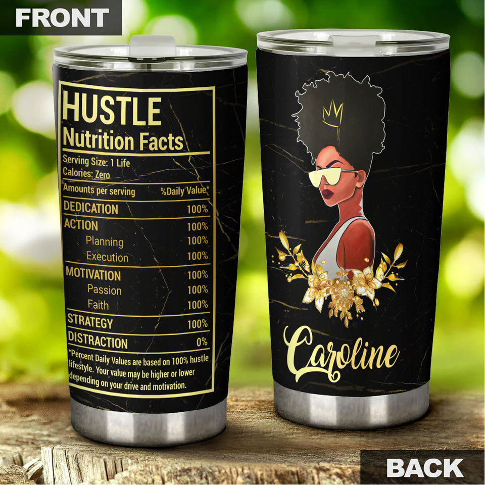 Camellia Personalized Black Women Hustle Stainless Steel Tumbler - Double-Walled Insulation Vacumm Flask - Gift For Black Queen, International Women's Day, Hippie Girls