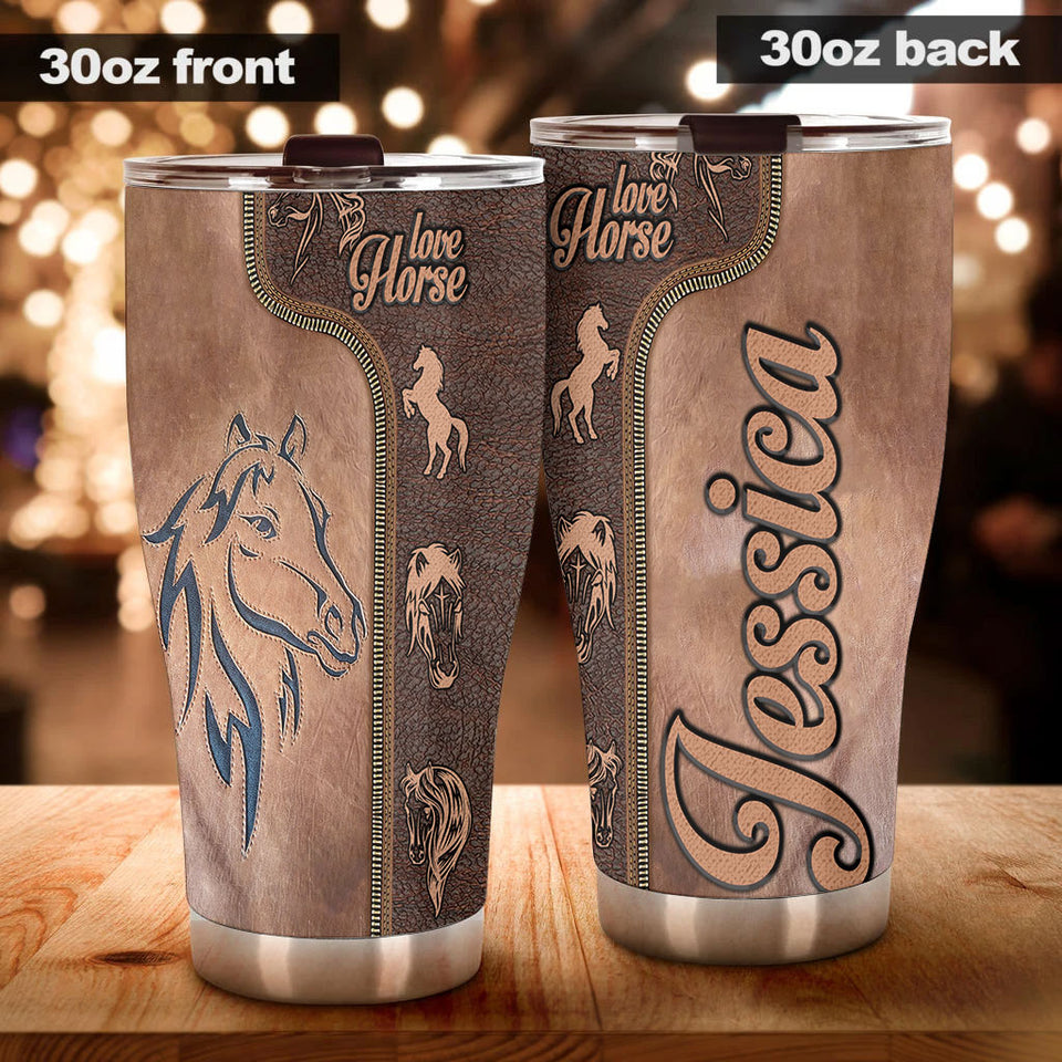 Camellia Personalized Horse Lover Leather Style Stainless Steel Tumbler - Double-Walled Insulation Vacumm Flask - Gift For Horse Lovers, Cowgirls, Cowboys, Perfect Christmas, Thanksgiving Gift
