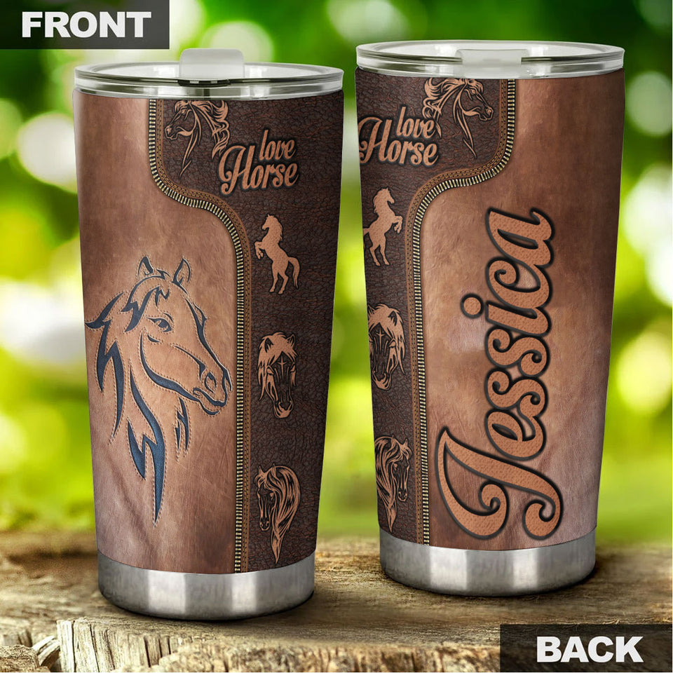 Camellia Personalized Horse Lover Leather Style Stainless Steel Tumbler - Double-Walled Insulation Vacumm Flask - Gift For Horse Lovers, Cowgirls, Cowboys, Perfect Christmas, Thanksgiving Gift