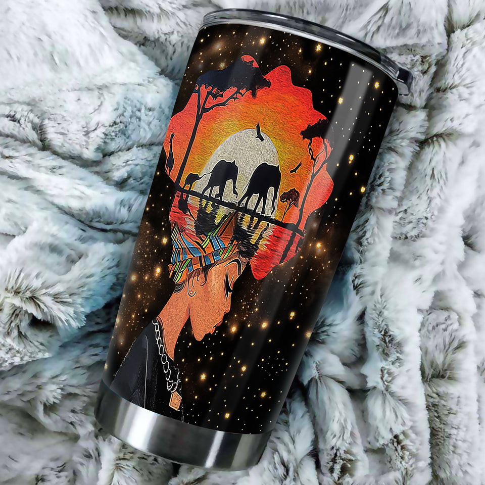 Camellia Personalized Black Women Roots Stainless Steel Tumbler - Double-Walled Insulation Vacumm Flask - Gift For Black Queen, International Women's Day, Hippie Girls