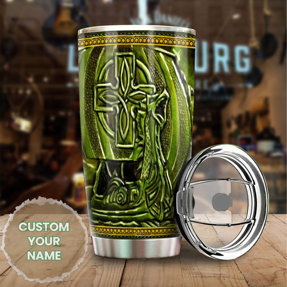 Camellia Personalized Green Viking Leather Style Stainless Steel Tumbler - Customized Double-Walled Insulation Travel Thermal Cup With Lid