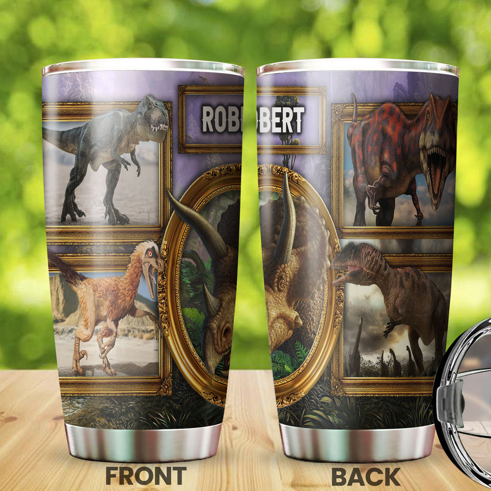 Camellia Personalized 3D Dinosaur Desert Stainless Steel Tumbler - Customized Double-Walled Insulation Travel Thermal Cup With Lid Gift For Dinosaur Lover