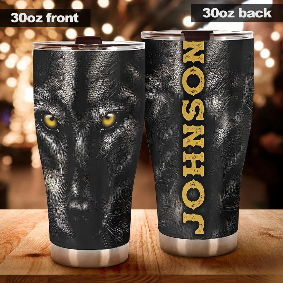 Camellia Persionalized 3D Black Wolf Face Stainless Steel Tumbler - Customized Double - Walled Insulation Travel Thermal Cup With Lid Gift For Wolf Lover