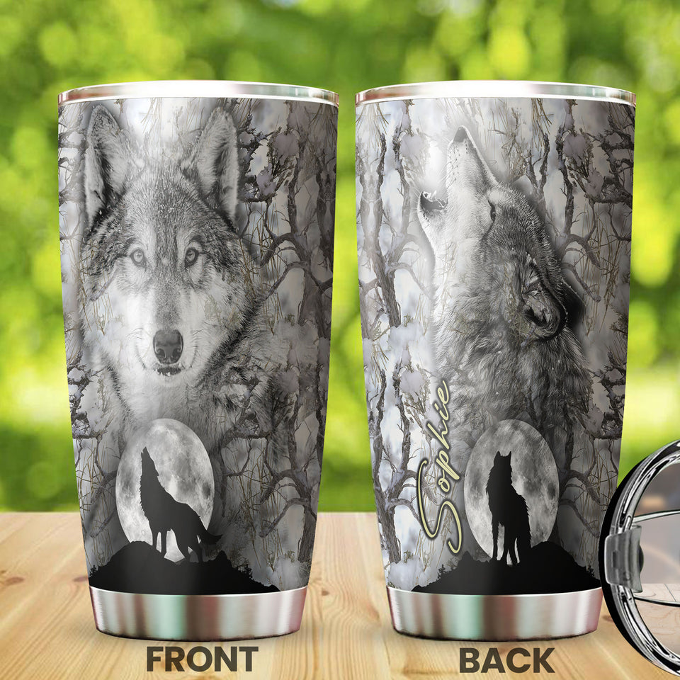 Camellia Persionalized 3D Dark Wolf Stainless Steel Tumbler - Customized Double - Walled Insulation Travel Thermal Cup With Lid Gift For Wolf Lover