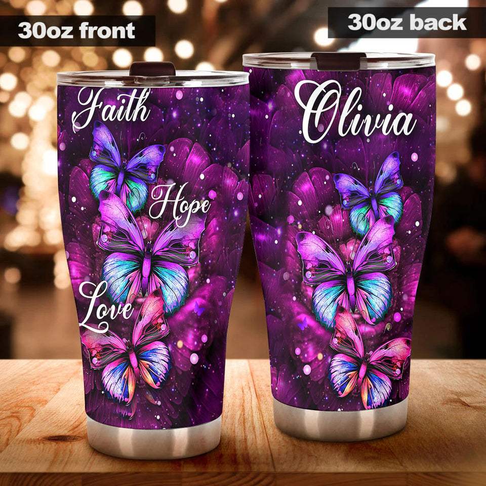 Camellia Personalized Butterfly Faith Hope Love Art Stainless Steel Tumbler - Double-Walled Insulation Vacumm Flask - For Thanksgiving, Memorial Day, Christians, Christmas Gift