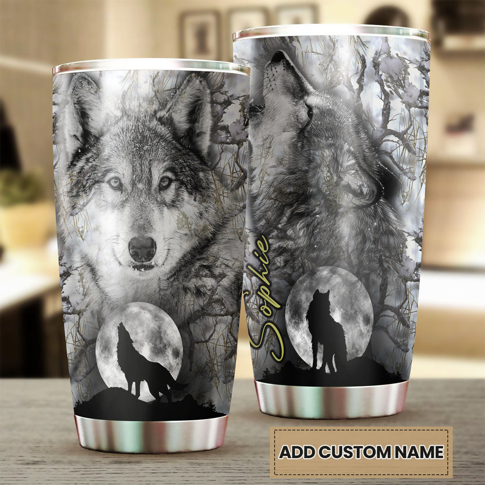 Camellia Persionalized 3D Dark Wolf Stainless Steel Tumbler - Customized Double - Walled Insulation Travel Thermal Cup With Lid Gift For Wolf Lover