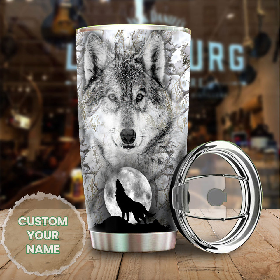 Camellia Persionalized 3D Dark Wolf Stainless Steel Tumbler - Customized Double - Walled Insulation Travel Thermal Cup With Lid Gift For Wolf Lover