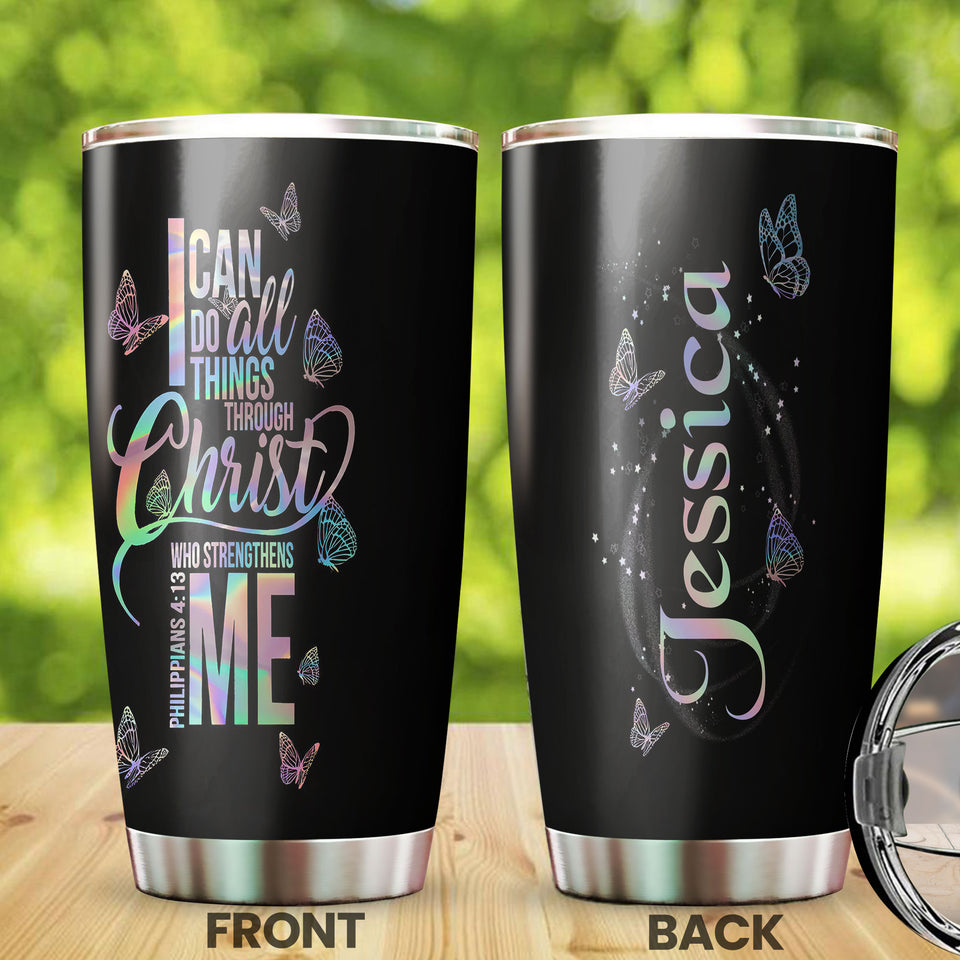 Camellia Personalized Butterfly I Can Do All Things Through Christ Stainless Steel Tumbler - Double-Walled Insulation Vacumm Flask - For Thanksgiving, Memorial Day, Christians, Christmas Gift