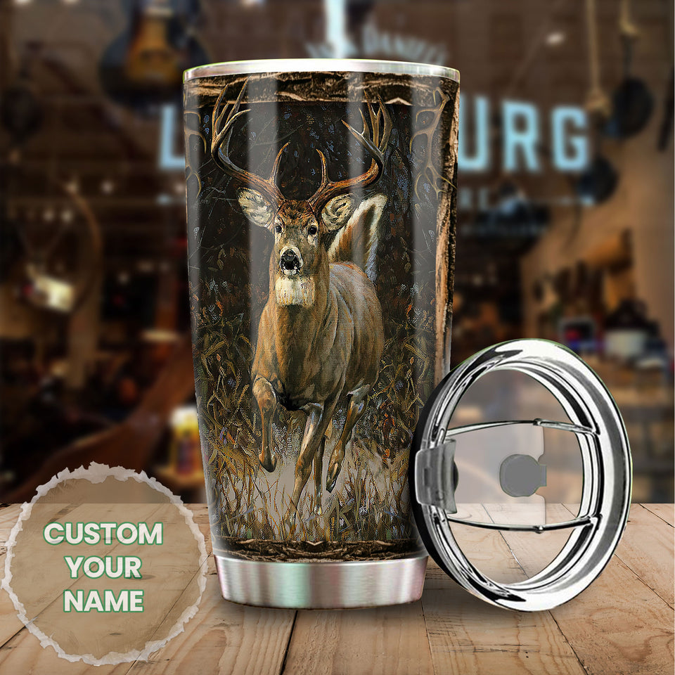 Camellia Personalized 3D Vintage Deer Running Stainless Steel Tumbler - Customized Double-Walled Insulation Travel Thermal Cup With Lid Gift For Deer Lover