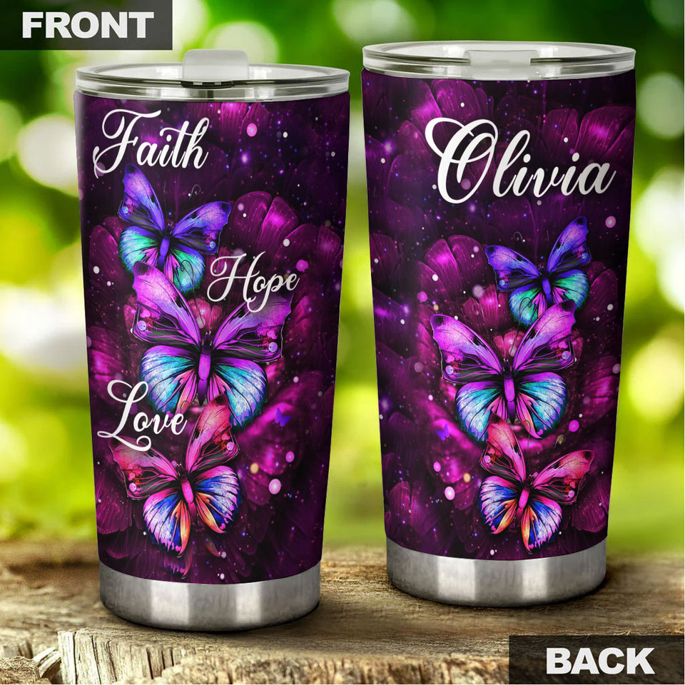 Camellia Personalized Butterfly Faith Hope Love Art Stainless Steel Tumbler - Double-Walled Insulation Vacumm Flask - For Thanksgiving, Memorial Day, Christians, Christmas Gift
