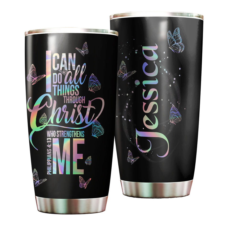 Camellia Personalized Butterfly I Can Do All Things Through Christ Stainless Steel Tumbler - Double-Walled Insulation Vacumm Flask - For Thanksgiving, Memorial Day, Christians, Christmas Gift