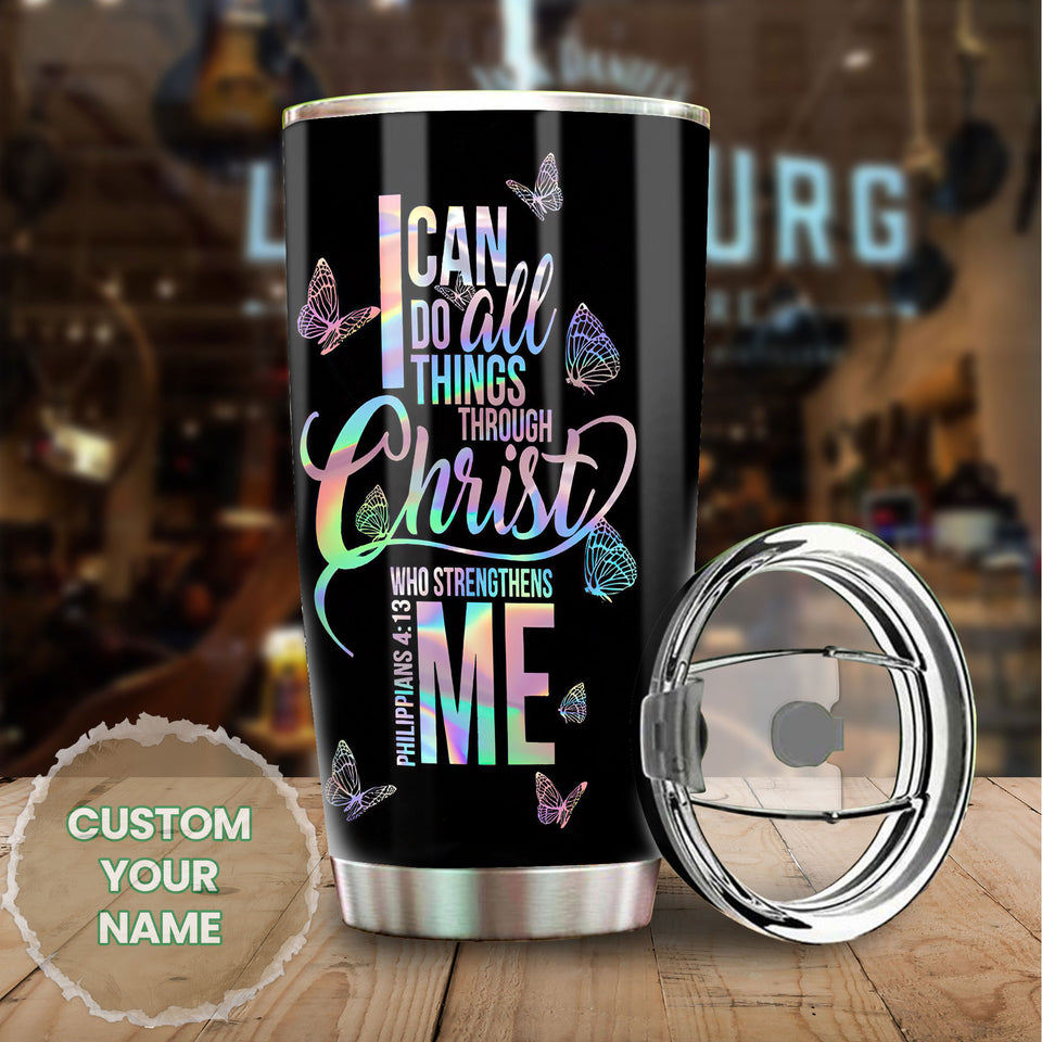 Camellia Personalized Butterfly I Can Do All Things Through Christ Stainless Steel Tumbler - Double-Walled Insulation Vacumm Flask - For Thanksgiving, Memorial Day, Christians, Christmas Gift