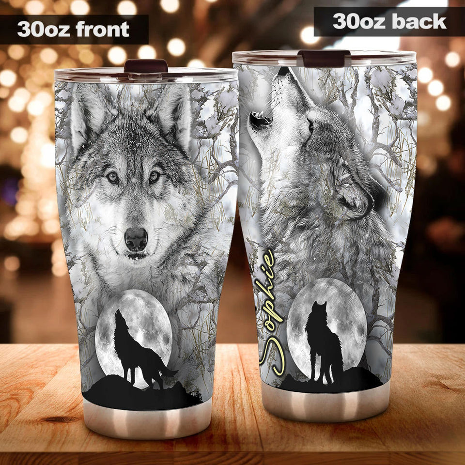 Camellia Persionalized 3D Dark Wolf Stainless Steel Tumbler - Customized Double - Walled Insulation Travel Thermal Cup With Lid Gift For Wolf Lover