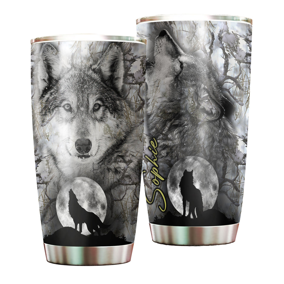 Camellia Persionalized 3D Dark Wolf Stainless Steel Tumbler - Customized Double - Walled Insulation Travel Thermal Cup With Lid Gift For Wolf Lover