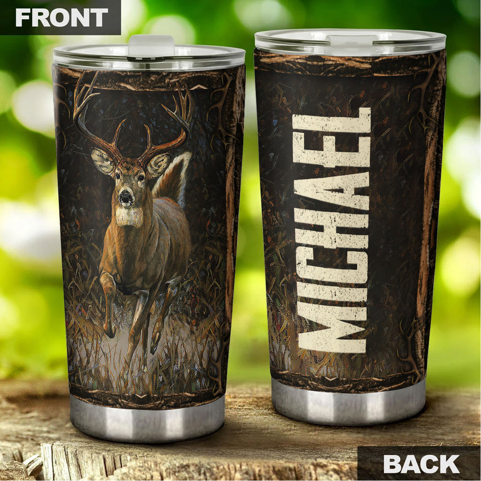 Camellia Personalized 3D Vintage Deer Running Stainless Steel Tumbler - Customized Double-Walled Insulation Travel Thermal Cup With Lid Gift For Deer Lover