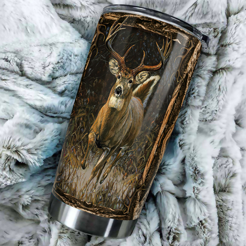 Camellia Personalized 3D Vintage Deer Running Stainless Steel Tumbler - Customized Double-Walled Insulation Travel Thermal Cup With Lid Gift For Deer Lover