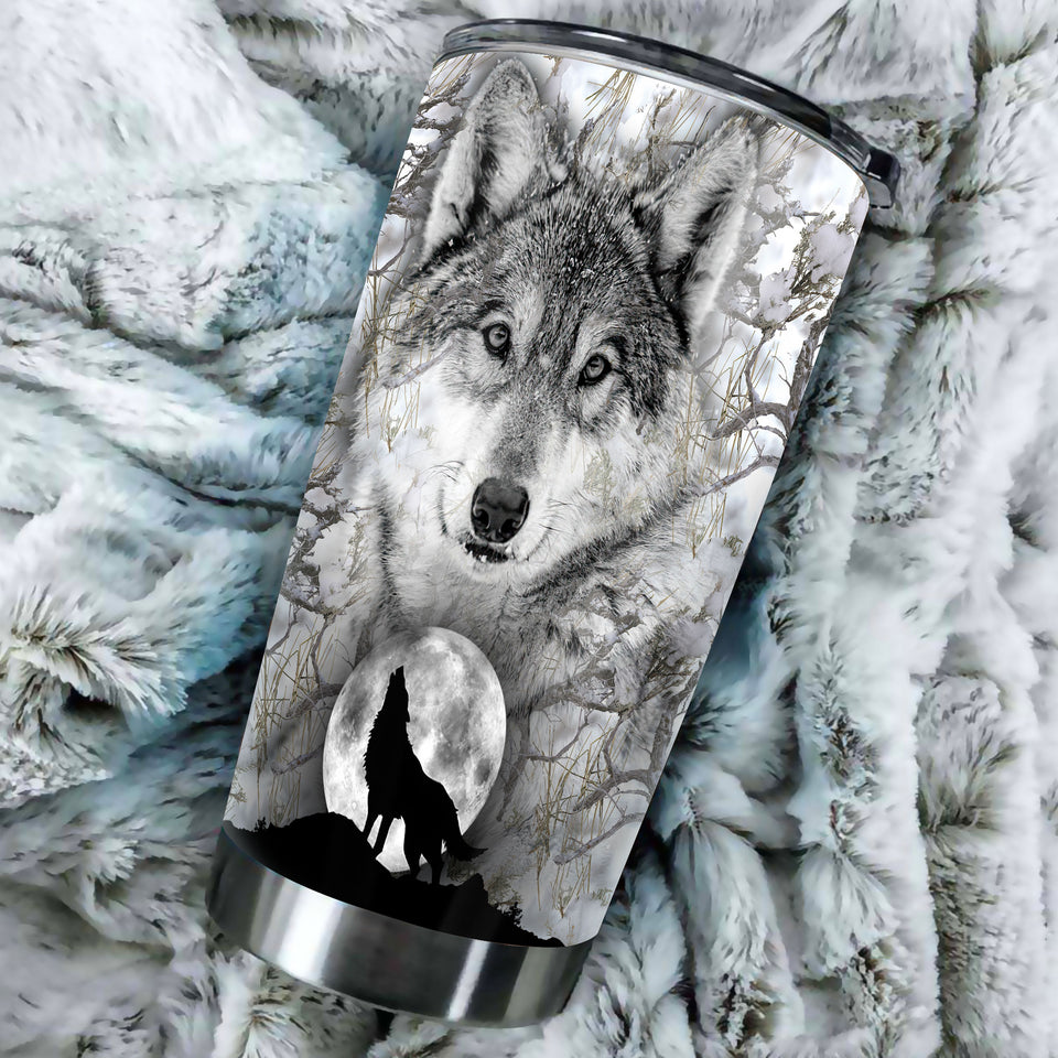 Camellia Persionalized 3D Dark Wolf Stainless Steel Tumbler - Customized Double - Walled Insulation Travel Thermal Cup With Lid Gift For Wolf Lover