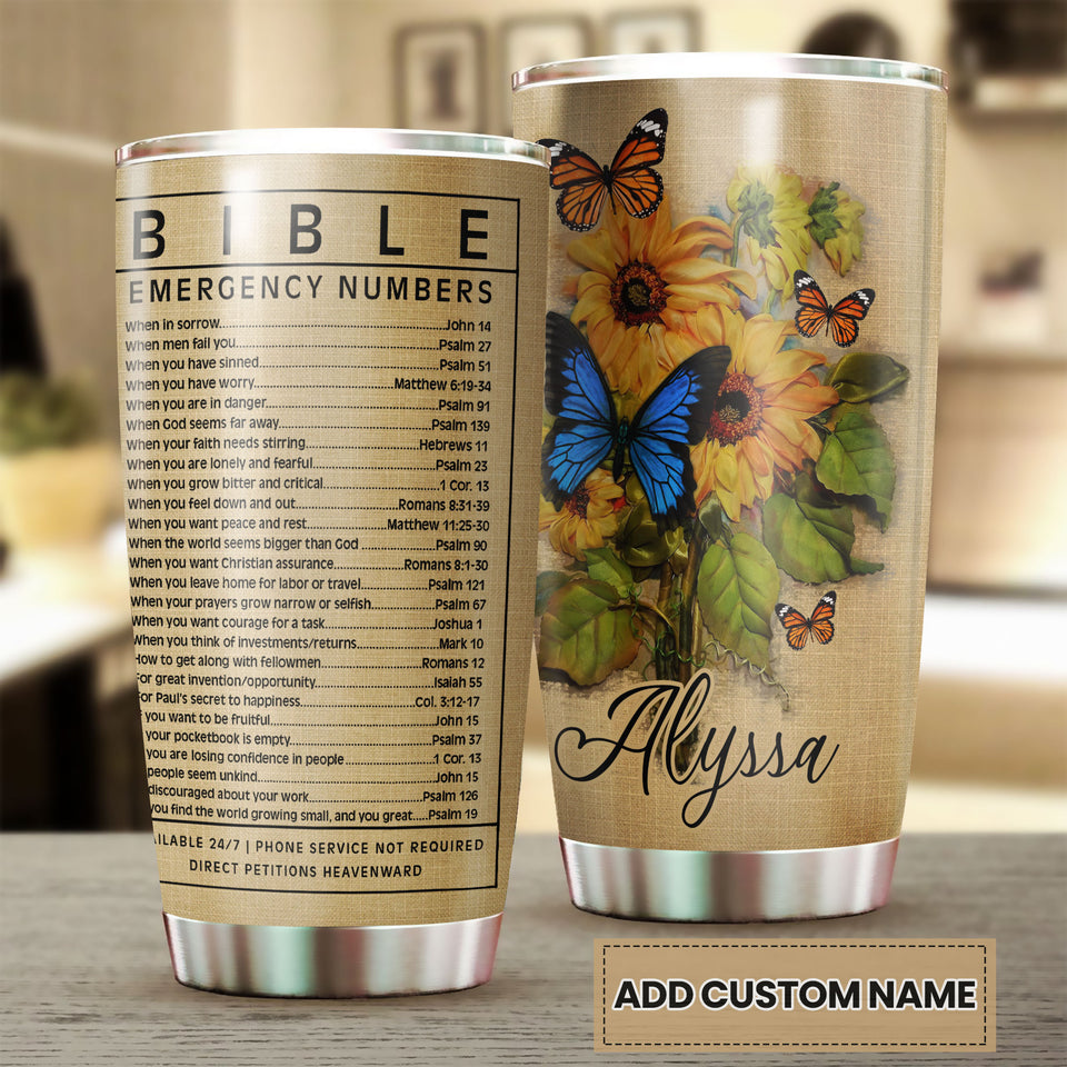 Camellia Personalized Sunflower Butterfly Bible Emergency Numbers Stainless Steel Tumbler - Customized Double-Walled Insulation Travel Thermal Cup With Lid Gift For Christian