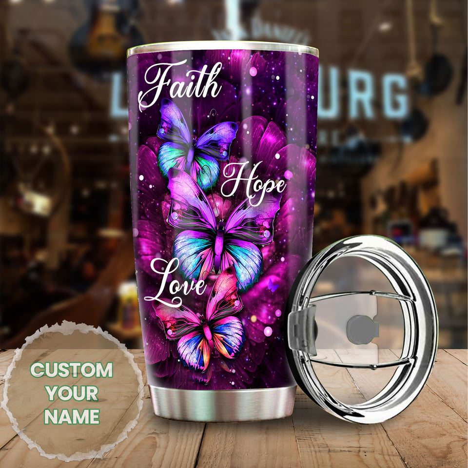 Camellia Personalized Butterfly Faith Hope Love Art Stainless Steel Tumbler - Double-Walled Insulation Vacumm Flask - For Thanksgiving, Memorial Day, Christians, Christmas Gift