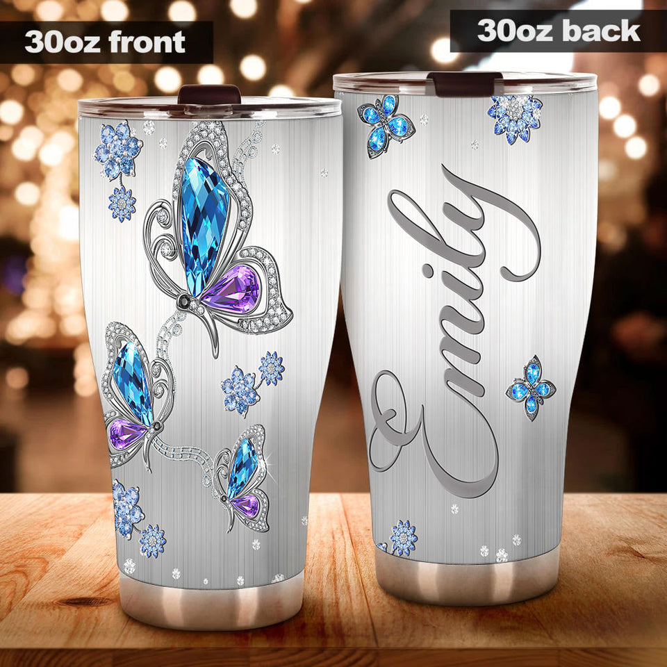 Camellia Personalized Butterfly Jewelry Style Purple Stainless Steel Tumbler - Double-Walled Insulation Vacumm Flask - For Thanksgiving, Memorial Day, Christians, Christmas Gift