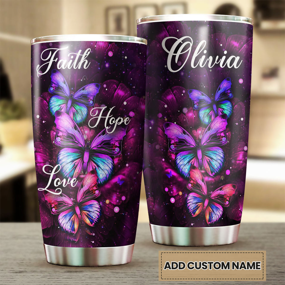 Camellia Personalized Butterfly Faith Hope Love Art Stainless Steel Tumbler - Double-Walled Insulation Vacumm Flask - For Thanksgiving, Memorial Day, Christians, Christmas Gift