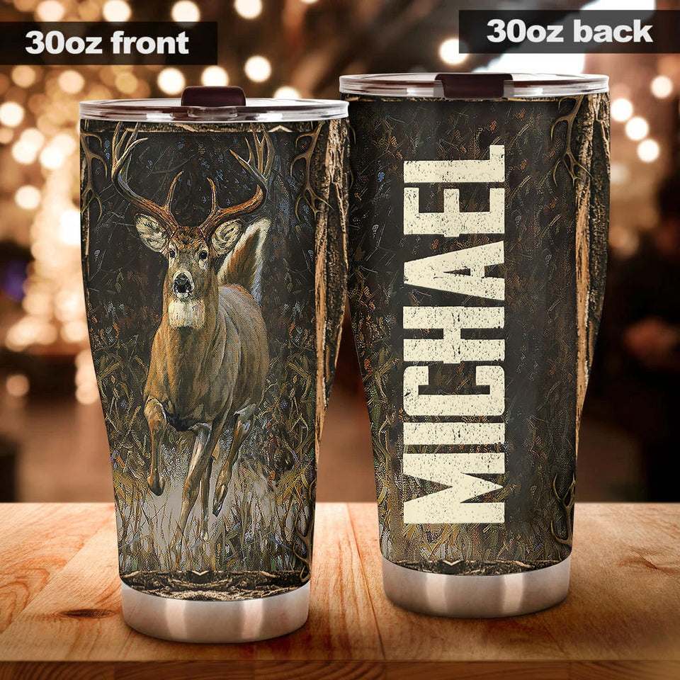 Camellia Personalized 3D Vintage Deer Running Stainless Steel Tumbler - Customized Double-Walled Insulation Travel Thermal Cup With Lid Gift For Deer Lover