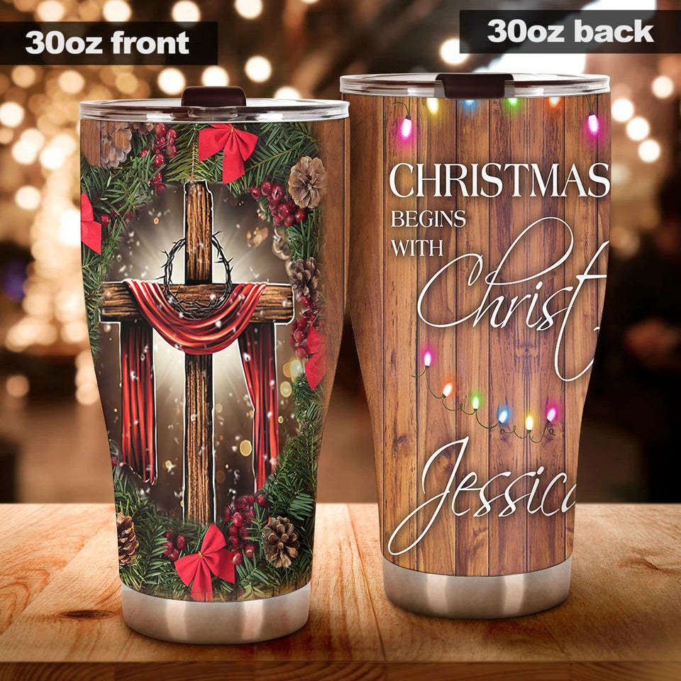 Camellia Personalized Christmas Begins With Christ Stainless Steel Tumbler - Customized Double-Walled Insulation Travel Thermal Cup With Lid Gift For Christian